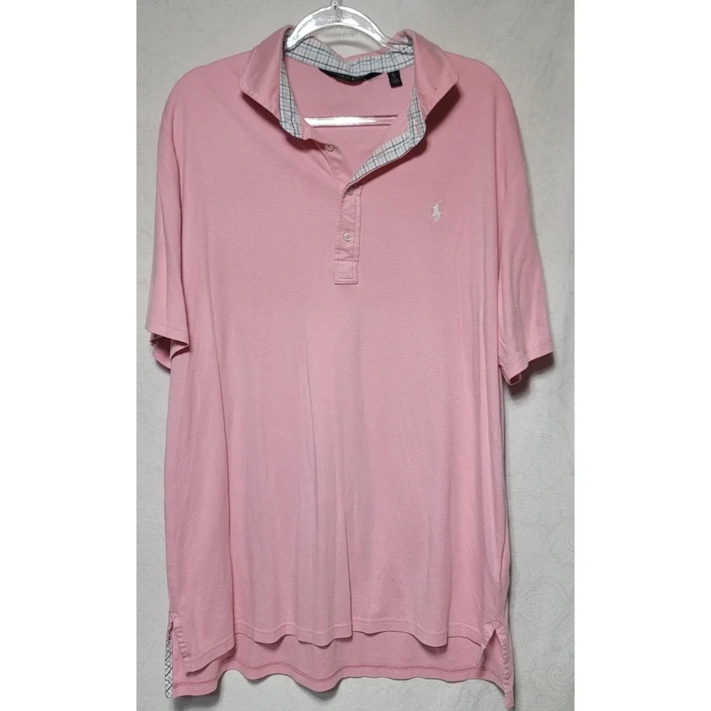 Polo Golf Ralph Lauren Mens XL Pink Short Sleeve Plaid Trim Polo Shirt